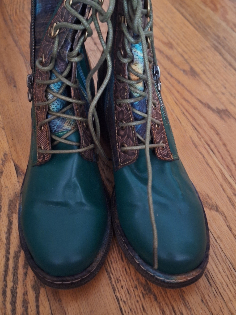Spring Step Green Lace-Up Ankle Boots with Multicolor Textile Panels
